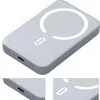 A silver magnetic power bank with a white circular charging indicator. Produktbild-Vorschau