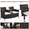A collage of images showing a two-seater rattan garden bench with an integrated table, close-ups of the material and construction, and detail shots of drinks on the table. Produktbild-Vorschau