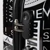 Close-up of a black suitcase with white text and a combination lock. Produktbild-Vorschau