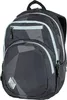 A black and gray geometric patterned backpack with light blue trim. Produktbild-Vorschau