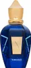 A studio shot of a blue perfume bottle with a gold cap and label. Náhled obrázku produktu