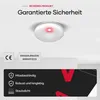 A smoke and CO detector is shown mounted on a ceiling, with marketing text and feature icons below. Produktbild-Vorschau