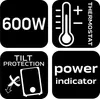 A collage of four black squares, each displaying a white icon and text related to a product's features. Produktbild-Vorschau