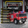 A red toy fire truck with various features highlighted by text overlays. Produktbild-Vorschau