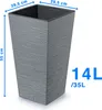 A tall, square, grey planter with a textured surface, shown with dimensions and capacity indicated by text overlays. Náhľad obrázku produktu