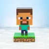 A Minecraft Steve figurine is standing on a grass block base against a light blue and white gradient background. Produktbild-Vorschau