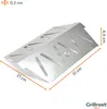 A silver metal heat reflector for a grill, with dimensions indicated by orange lines and text. Produktbild-Vorschau