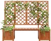 A wooden garden bench with planters and a trellis covered in vines and flowers, set against a white background. Produktbild-Vorschau
