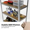 A multi-shelf storage unit filled with various items like paint cans, tools, and automotive fluids. Produktbild-Vorschau