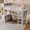 A white loft bed with a desk and storage in a child's bedroom. Voir les images du produit
