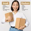 A woman is holding two cardboard boxes, with text overlays describing small and medium package sizes. Produktbild-Vorschau