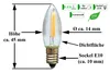 A diagram showing the dimensions and features of an LED filament candle bulb. Produktbild-Vorschau
