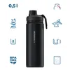 A black thermos bottle with various icons and text indicating its features and specifications. Náhled obrázku produktu