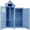 An open blue wooden garden shed with shelves and a small window. Voir les images du produit