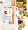 A collage of images showing passion fruit puree packaging, drinks made with passion fruit, and whole passion fruits. Podgląd zdjęcia produktu