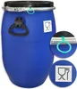 A blue plastic drum with a black lid and silver clamp, featuring a food-safe symbol and a close-up of the lid mechanism. Produktbild-Vorschau