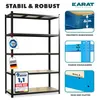 A black metal shelving unit with wooden shelves, shown with various marketing callouts and close-up feature illustrations. Produktbild-Vorschau