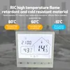 A digital thermostat with marketing text overlayed on a blurred background. Produktbild-Vorschau