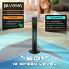 A woman enjoying the airflow from a tower fan, with product features highlighted by text overlays. Produktbild-Vorschau