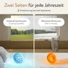 A split image showing a summer scene on the left and a winter scene on the right, with icons representing cooling and warming. Produktbild-Vorschau