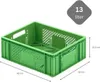 A green plastic crate with dimensions and capacity indicated. Produktbild-Vorschau
