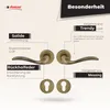A marketing image showcasing door handles and escutcheons with descriptive text highlighting features. Produktbild-Vorschau