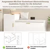 A white shoe cabinet with a padded seat and gold accents, shown with instructional diagrams below. Produktbild-Vorschau