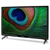 A black television with a peacock feather image displayed on its screen, resting on its stand. Produktbild-Vorschau