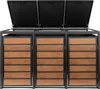 A triple trash bin enclosure with wooden-look doors and black lids. Produktbild-Vorschau
