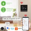 A smart thermostat is shown mounted on a wall, with a smartphone displaying the control app in the foreground. Various smart home device logos and feature callouts are present. Produktbild-Vorschau
