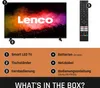 A Lenco LED TV and its remote control are displayed, along with a list of included items. Produktbild-Vorschau