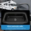 A black RV sink is shown with a RV in the background and text describing its features. Podgląd zdjęcia produktu