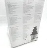 The image shows the side of a product box with multiple languages detailing the features of a chocolate fountain. Podgląd zdjęcia produktu