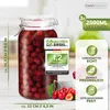 A large glass jar filled with cherries, with marketing labels and icons surrounding it. Produktbild-Vorschau