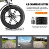 Close-up of a fat tire bicycle wheel with marketing text and images of different terrains. Produktbild-Vorschau
