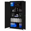 A black metal cabinet with its doors open, displaying various items on its shelves. Voir les images du produit