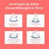 An instructional graphic showing four steps to fluff a pillow. Produktbild-Vorschau