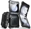 A rugged, black phone case with a holster and kickstand is displayed against a white background. The phone case is open, showing the inside of the case and the phone screen. Produktbild-Vorschau