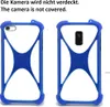 Two blue phone cases are shown side-by-side against a white background. The text above states 'The camera is not covered.' Produktbild-Vorschau
