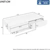 A diagram showing the dimensions of a white coffee table with two drawers. Voir les images du produit