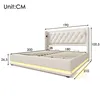 A white upholstered bed frame with LED lighting and dimensions indicated by measurement lines and numbers. Voir les images du produit