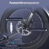 Close-up of an e-bike's front wheel and braking system, with callouts highlighting features. Podgląd zdjęcia produktu