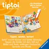 An open book with illustrations and a tiptoi pen, set against an orange background with marketing text. Podgląd zdjęcia produktu