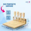A bamboo cheese board with four cheese knives, with dimensions and material information highlighted. Produktbild-Vorschau
