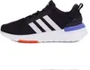 A side view of a black Adidas running shoe with white stripes and blue and orange accents on the sole. Podgląd zdjęcia produktu