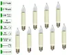 A collection of small candle-shaped light bulbs with cream-colored bases and clear glass tops, arranged against a white background. Text labels indicating voltage, wattage, and other specifications are present on the left side of the image. Produktbild-Vorschau