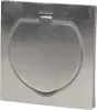 A close-up, straight-on view of a silver, square-shaped electrical outlet cover with a circular, hinged flap. Náhled obrázku produktu