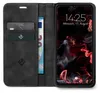 A black flip-style phone case with card slots and a phone displaying the time and date. Produktbild-Vorschau