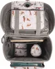 An open school backpack with various compartments and items inside, including books and small pouches, all featuring a leopard print pattern. Náhled obrázku produktu