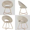 A collage of four images showing a beige accent chair with gold metal legs from different angles. Produktbild-Vorschau